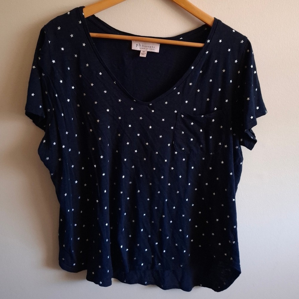 Philosophy Whimsigoth Witchy Dark Navy Tshirt Silver Stars Pattern Flowy Sz 1X